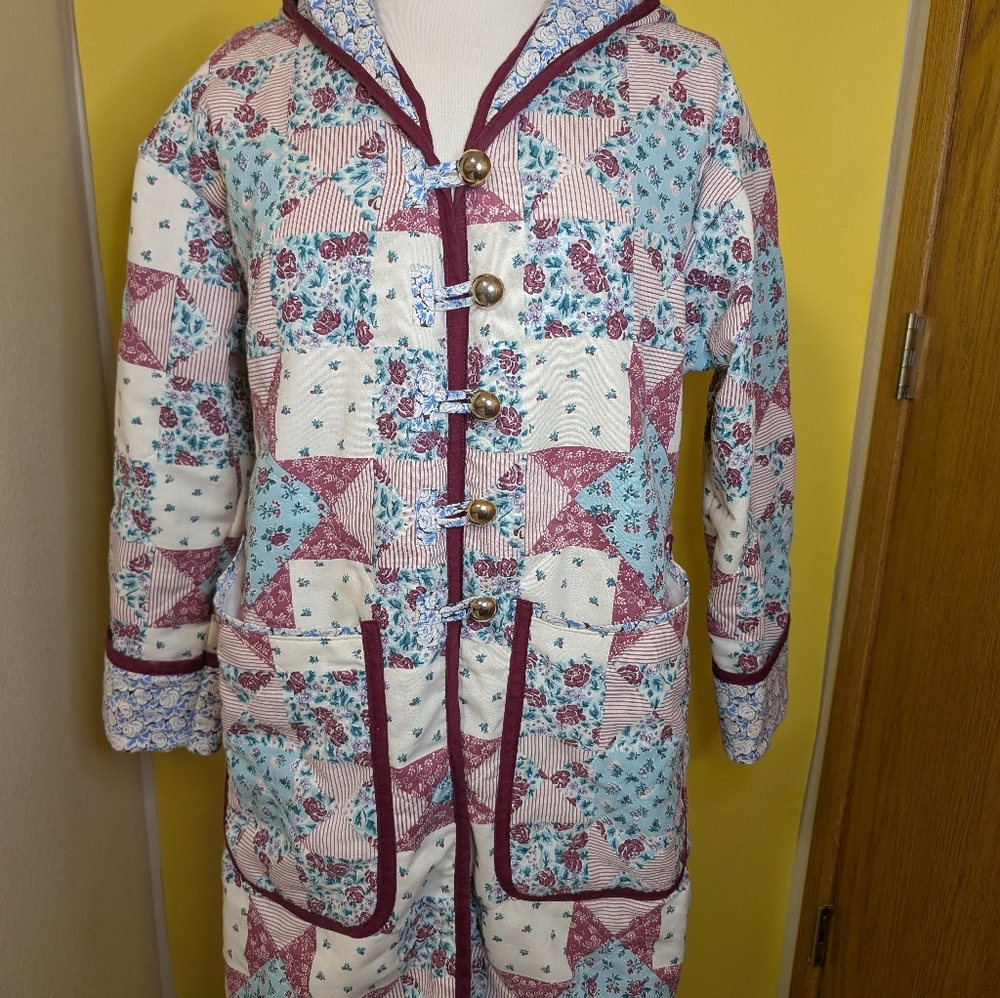 Quilted Floral Patchwork Hooded Coat in Cream, Blue & Burgundy